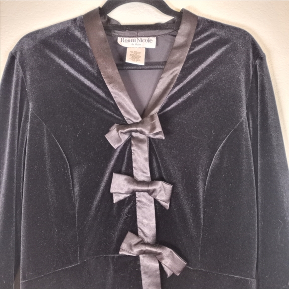 Vintage Black Velvet Satin Bow Snap Front Festive Holiday Christmas Jacket L - Picture 2 of 8